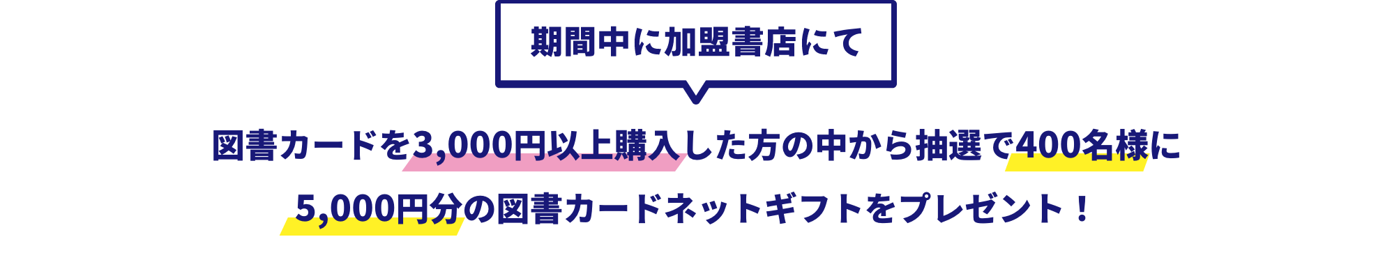 期間中に加盟書店にて図書カードを3,000円以上購入した方の中から抽選で400名様に5,000円分の図書カードネットギフトをプレゼント!